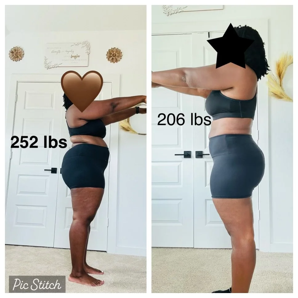 Trenidy's side-by-side weight loss transformation from 252 pounds to 206 pounds after completing Body By U Fit's EmpowerHer Women's Strength Training program in Houston, Texas.