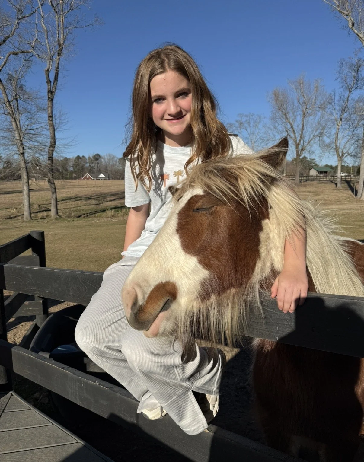 A young girl with long light brown hair and a white t-shirt sitting on a brown and white horse with a blonde mane, resting her arm on the fence of a paddock on a sunny day with a clear blue sky and leafless trees in the background.