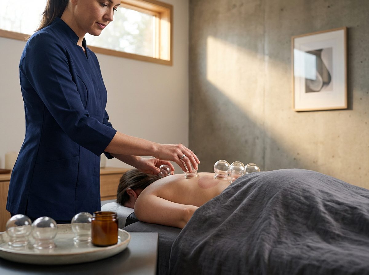 En terapeut som gir cupping-behandling på en person som ligger ned. Terapisten bruker glasskopper på personens rygg i et rom med naturlig lys.