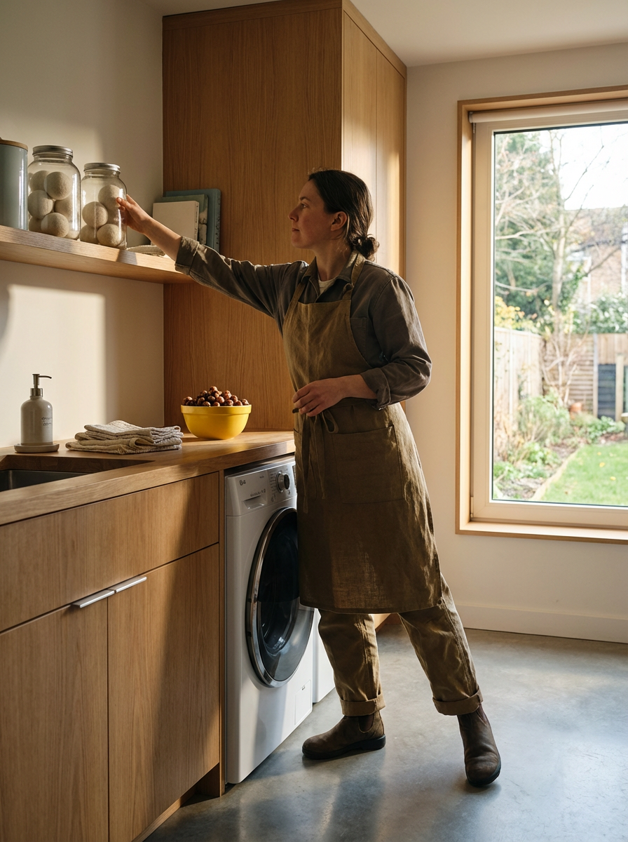 A woman reaching for a jar on a kitchen shelf with a washing machine nearby, natural light coming through a large window.
