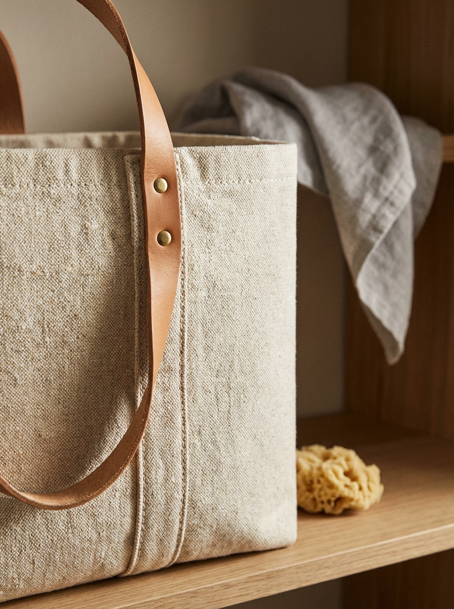 A beige fabric tote bag with leather straps and gold rivets on a wooden shelf, with a gray towel draped in the background and a yellow sponge on the shelf.