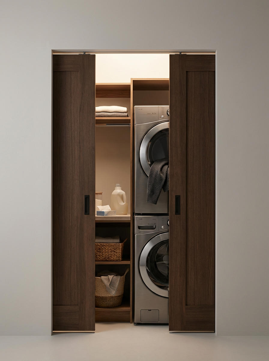 A washer and dryer set inside a closet with sliding wooden doors, with shelves holding laundry supplies and folded towels.