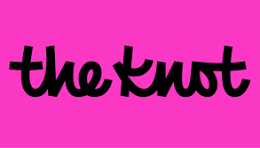 Logo with the words 'the knot' in black, stylized text on a pink background.