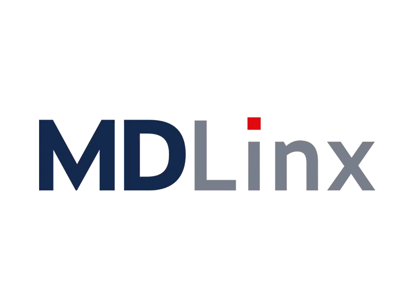 MDLinx logo with blue and gray letters, a small red square over the 'i'.