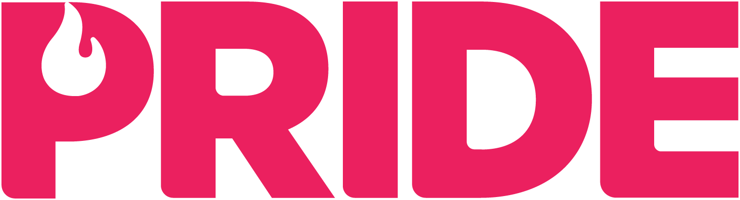 A logo with the word 'PRIDE' in bold pink letters, featuring a black flame icon above the letter 'P'.