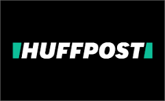 HuffPost logo with black background and teal and white text