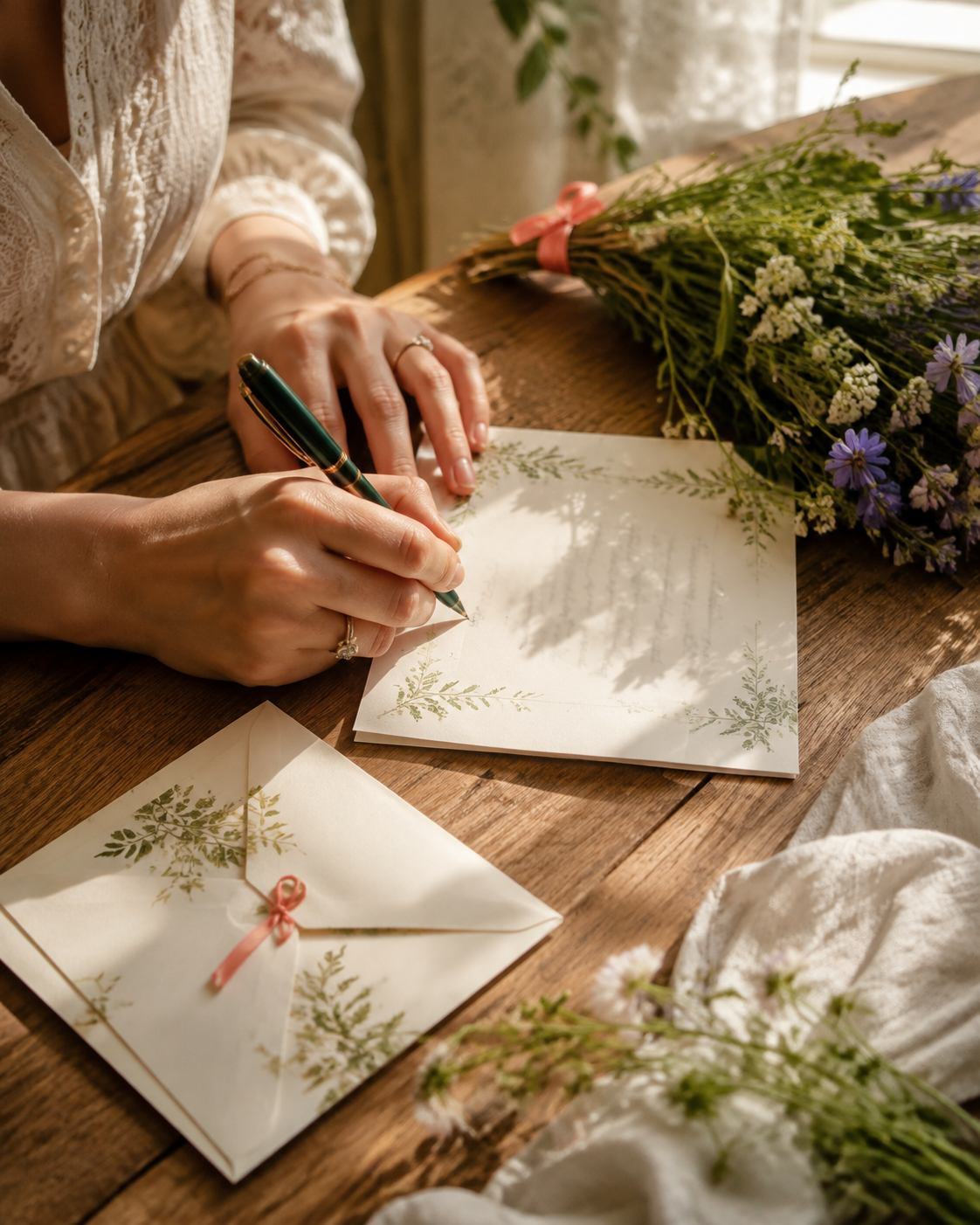 Hands writing a personal note on cream stationery beside wildflowers and a coordinating envelope.
