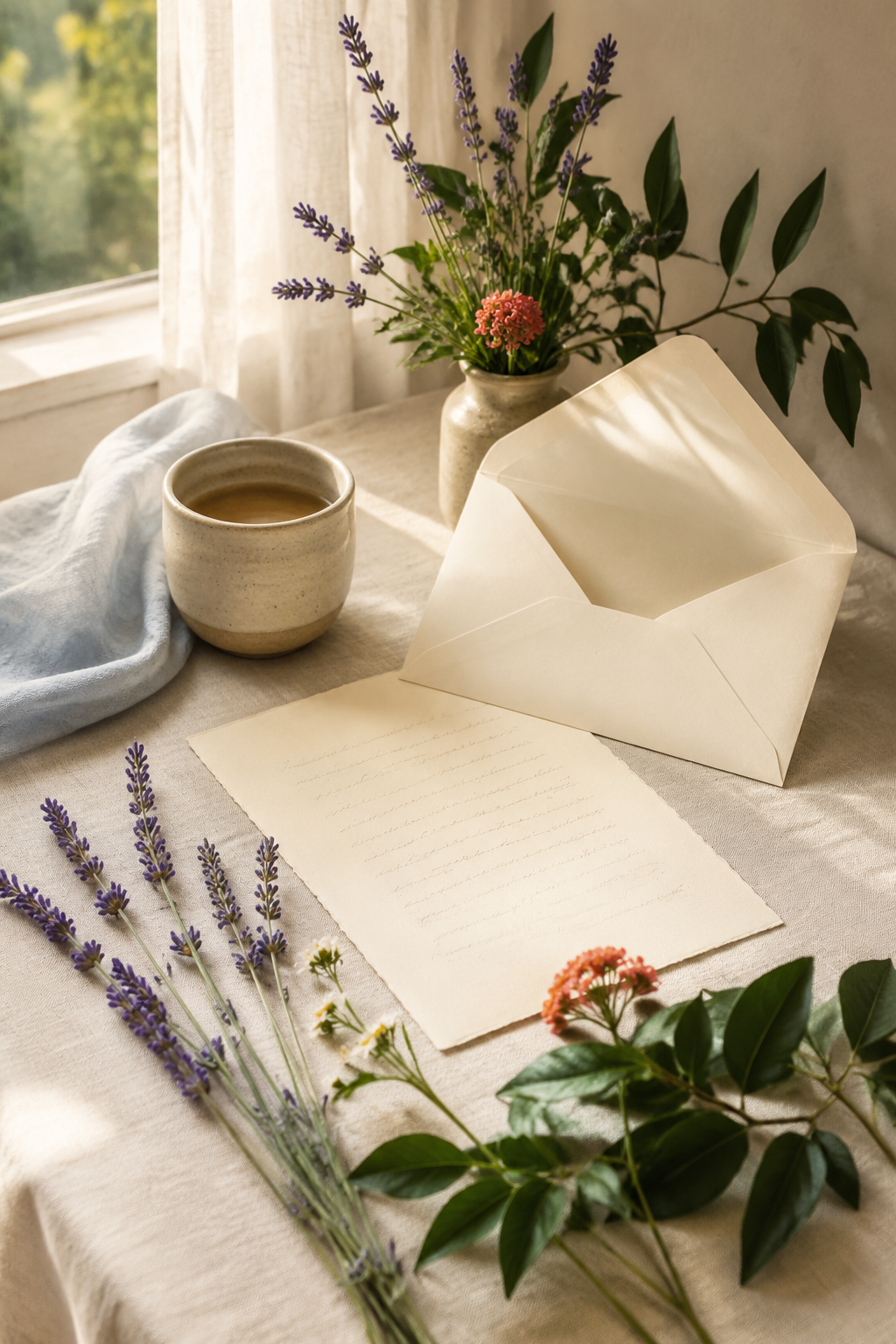 A table with a cup of coffee, a blank letter with a blank envelope, and a vase of purple lavender and pink flowers near a window with sunlight.