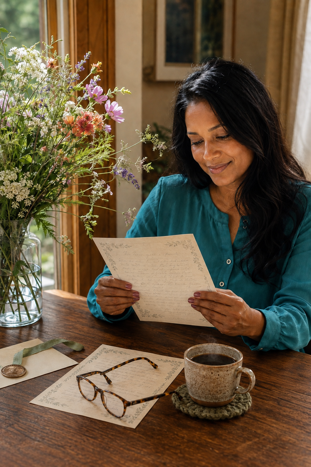 A woman reading a Little Light Letter beside flowers, a steaming ceramic cup on a textured coaster, an open pair of reading glasses, and a small ribboned treasure.