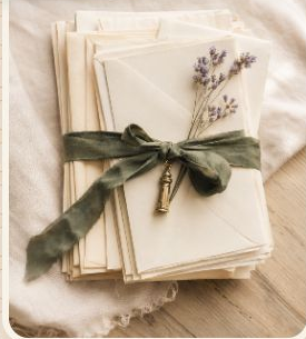 A stack of cream envelopes tied with a green ribbon, decorated with lavender sprigs and a small gold key.