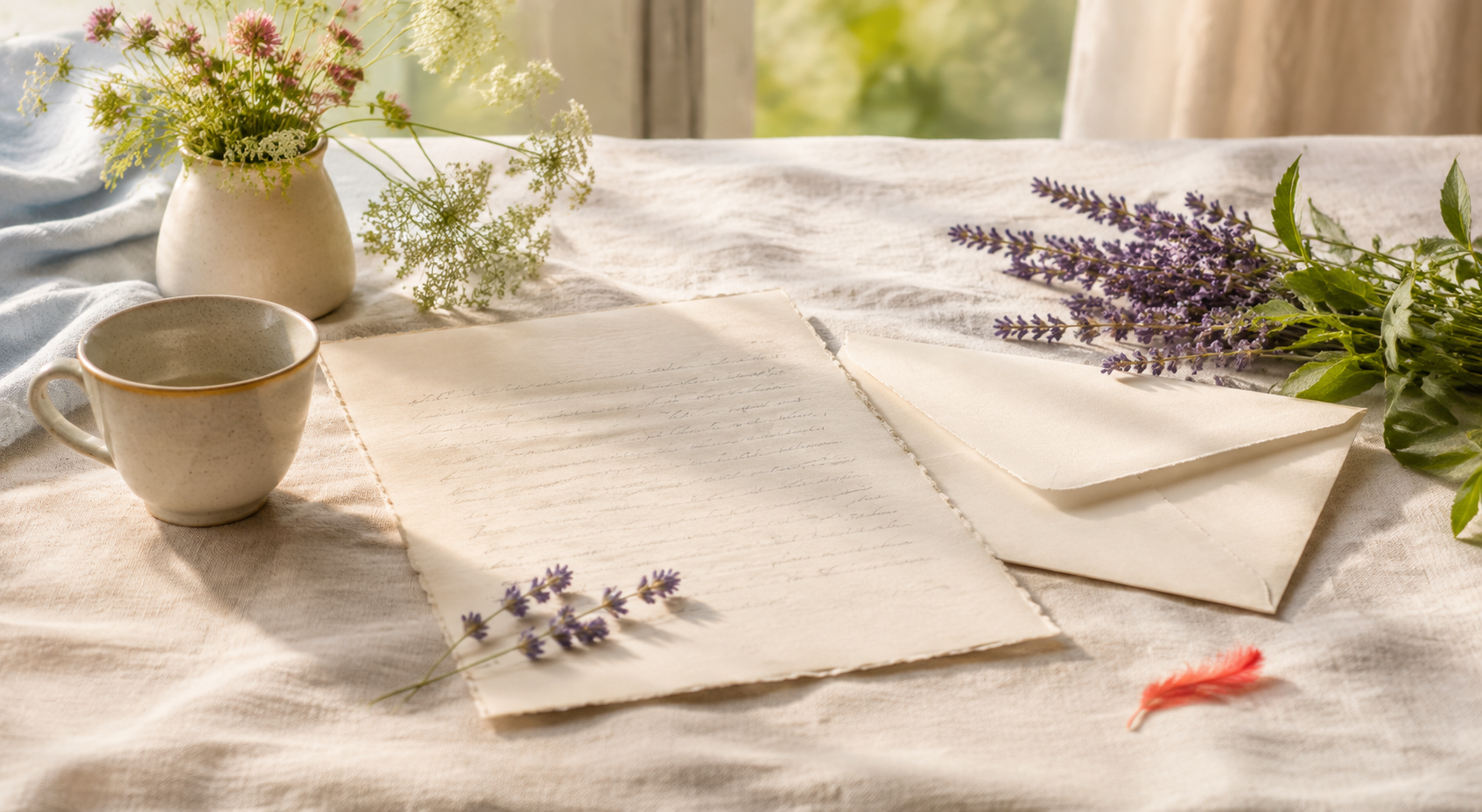 A handwritten letter and cream envelope beside lavender, wildflowers, and a ceramic cup in soft window light.