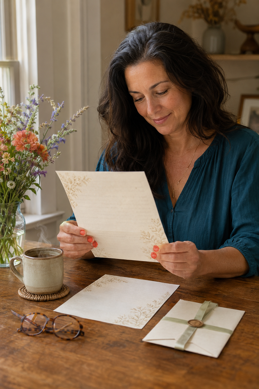 A woman reading a Little Light Letter beside flowers, a steaming ceramic cup on a textured coaster, an open pair of reading glasses, and a small ribboned treasure.