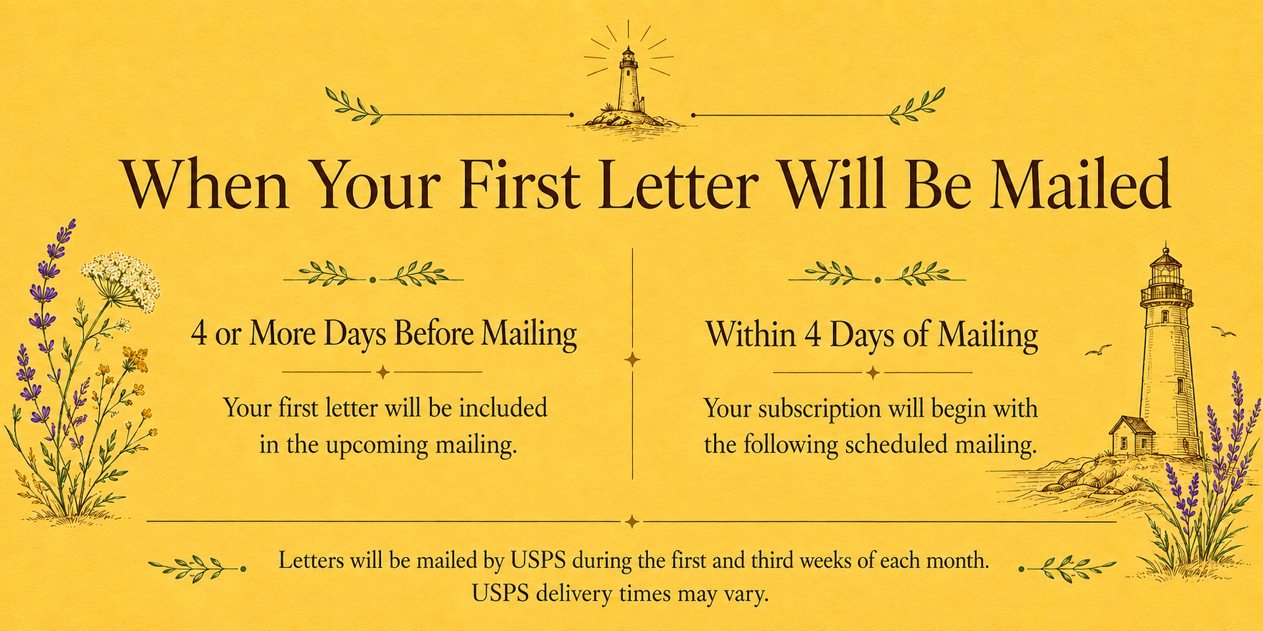 Mailing schedule for first Little Light Letter subscriptions, including the four-day cutoff and USPS timing.