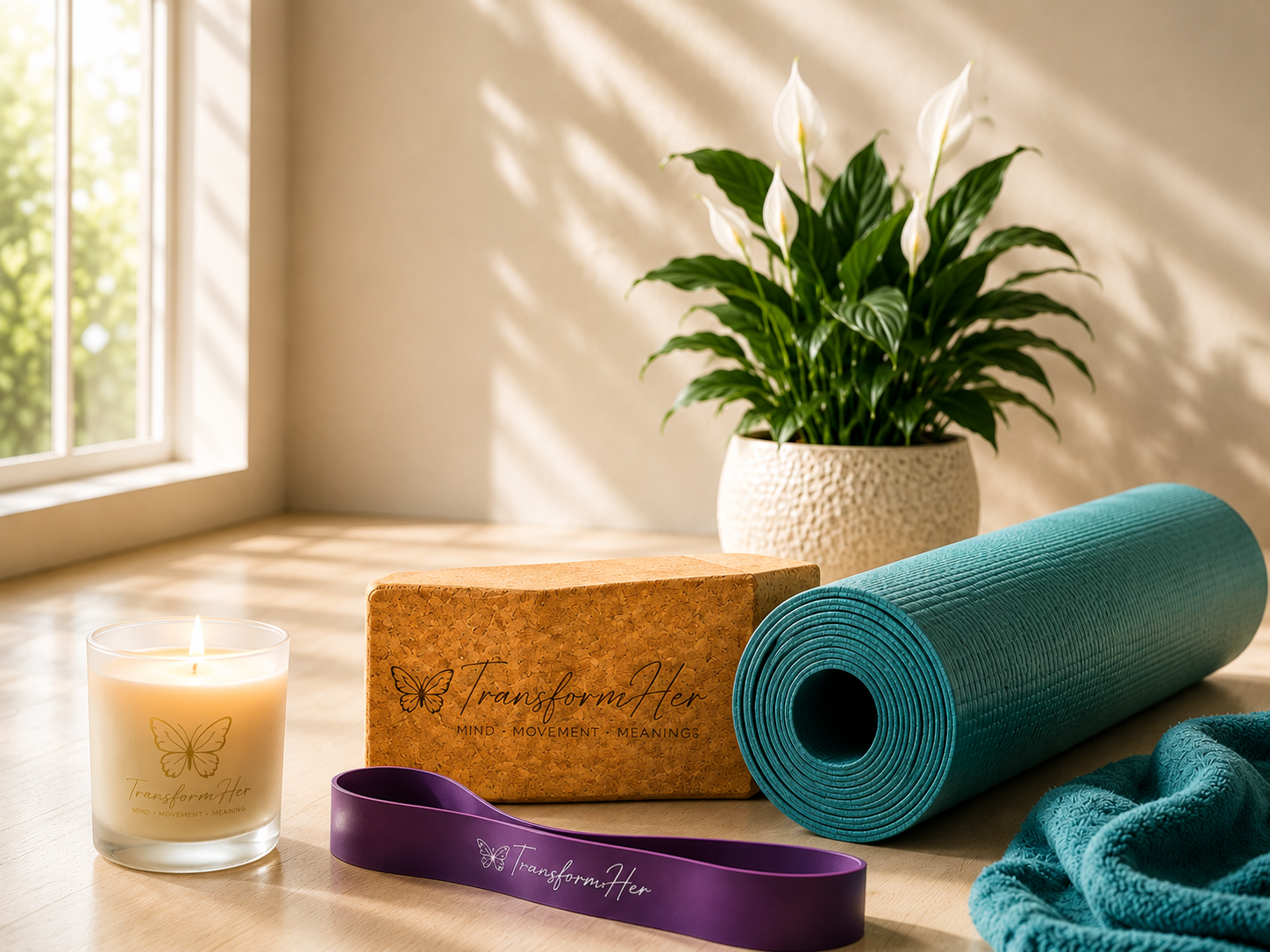 Yoga mat, yoga block, candle, towel and peace lily to create a calm welcoming space for movement, mindfulness, and self-care.