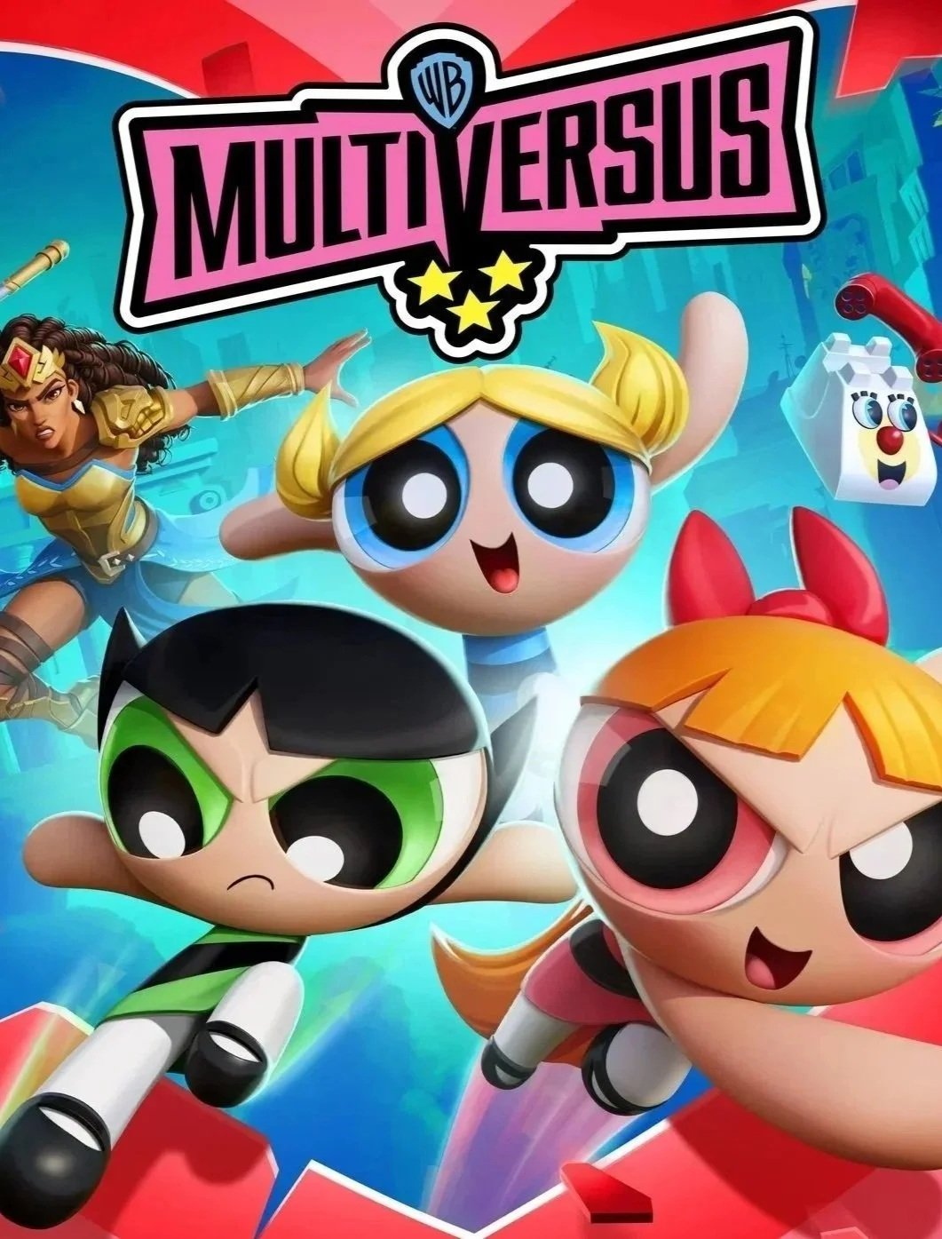 Colorful cover art for the animated movie 'Multiverse'. Features The Powerpuff Girls, with Blossom in front with red bows and pink dresses, Bubbles with blonde hair and blue eyes, and Buttercup with black hair and green eyes, flying through a vibrant cityscape. Also includes Wonder Woman with her armor and bracelet, and a small character resembling a smiling anthropomorphic white house with a face.