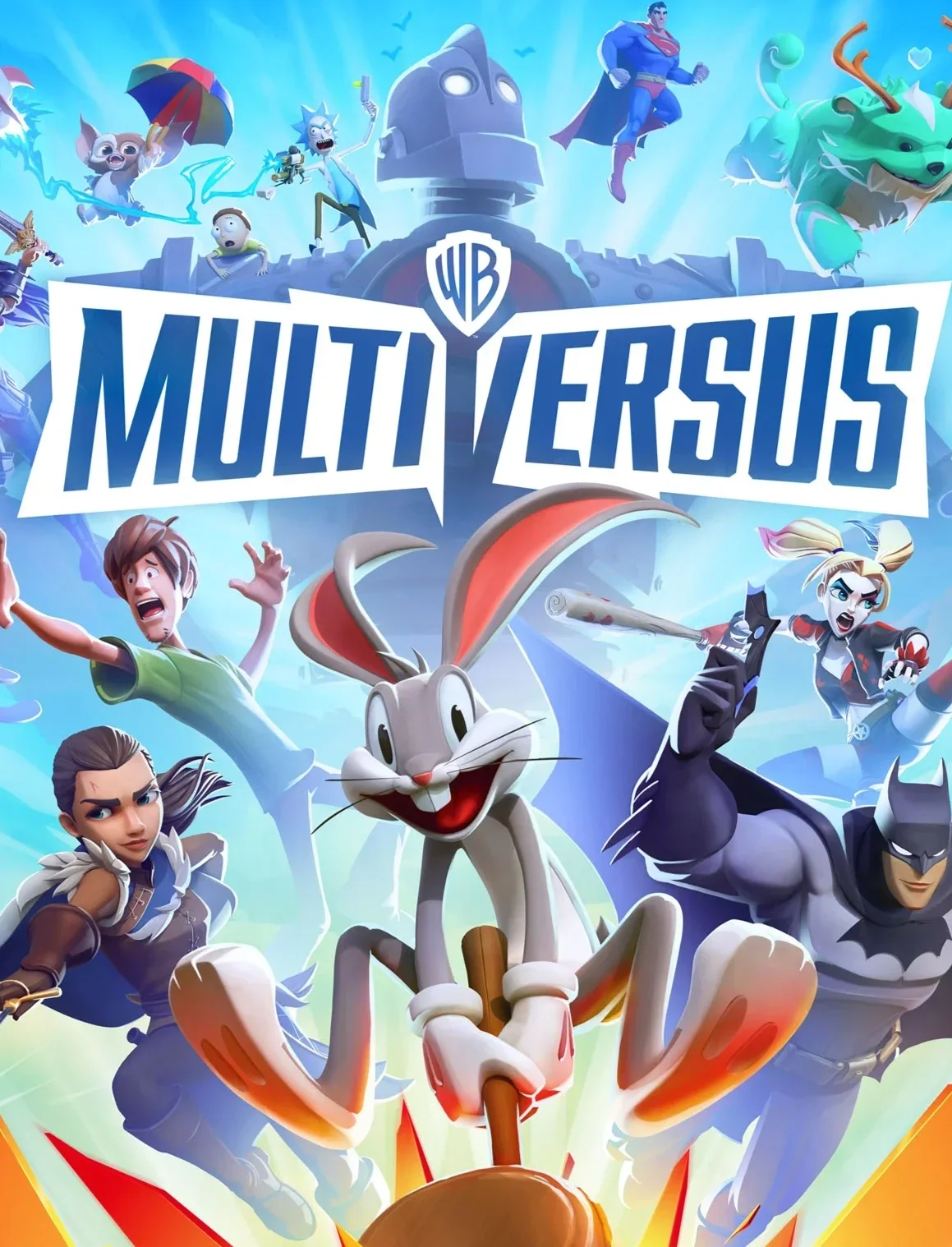 The image features various animated characters from popular franchises, including Bugs Bunny, Batman, Superman, Harley Quinn, and others, with the prominent text 'WB Multiversus' in the center.