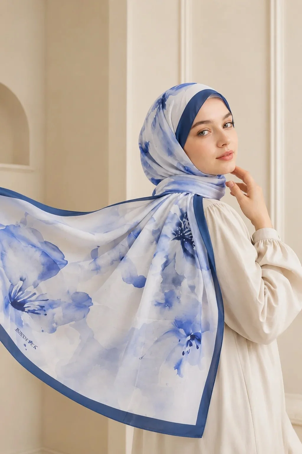 Hijab imprimé aquarelle - Bleu
