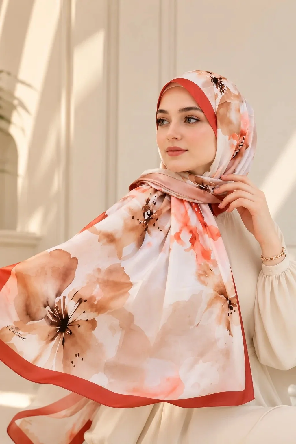 Hijab imprimé aquarelle - Rouge brique