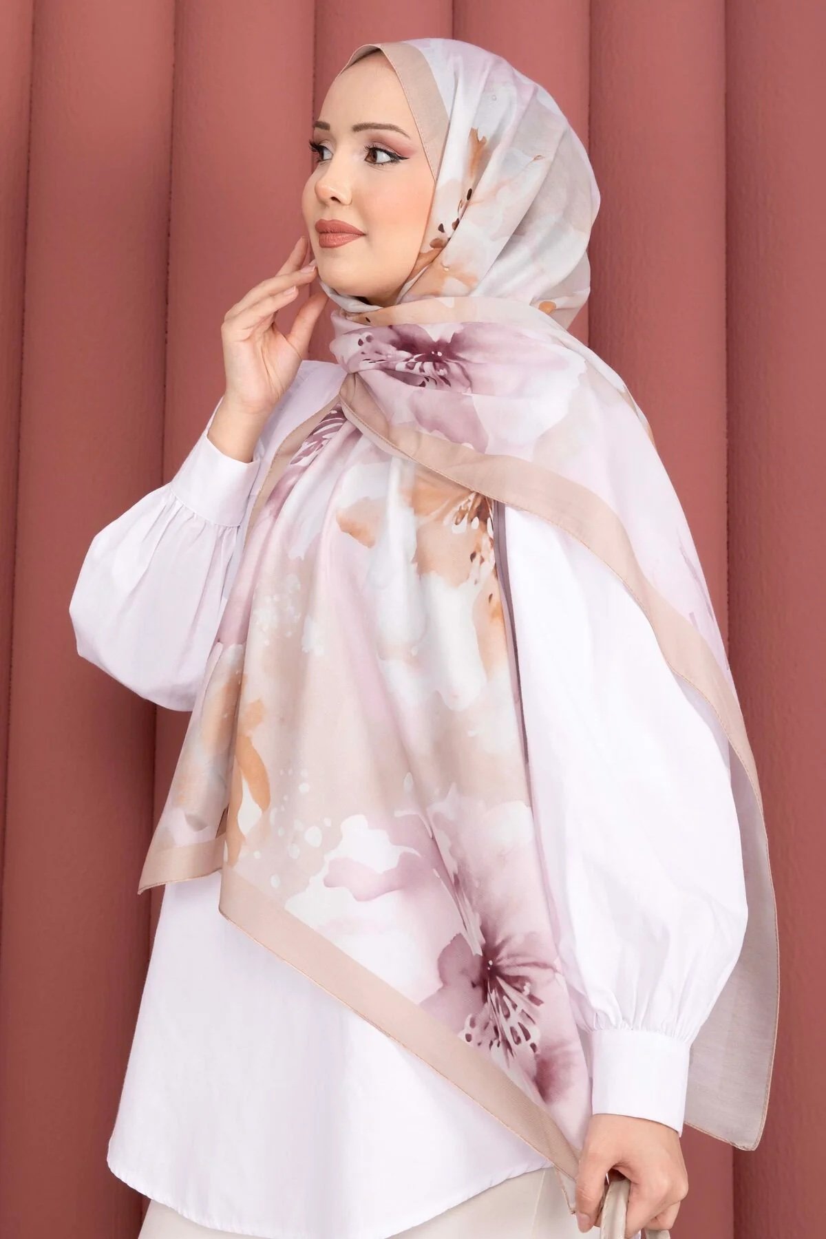 Hijab imprimé aquarelle - Beige