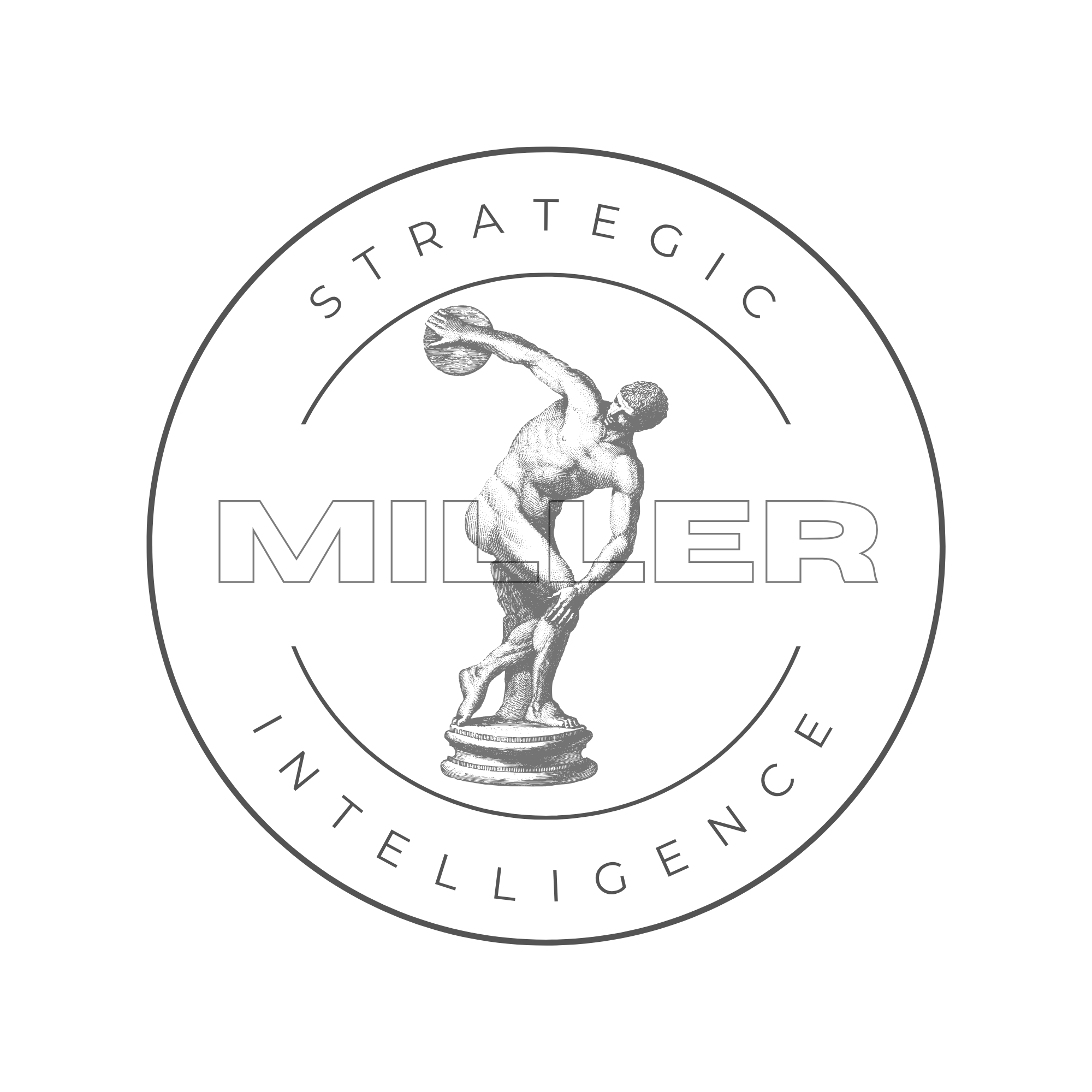 A black and white logo featuring a muscular man holding a dumbbell, with the words 'Strategic Miller' in the design.