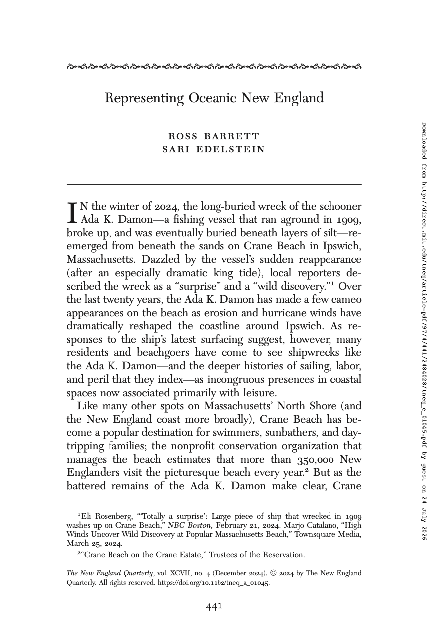 A page from The New England Quarterly journal titled 'Representing Oceanic New England' with authors Ross Barrett and Sari Edelstein, discussing the wreck of the schooner Ada K. Damon on Crane Beach, Massachusetts, in 1909 and its rediscovery.