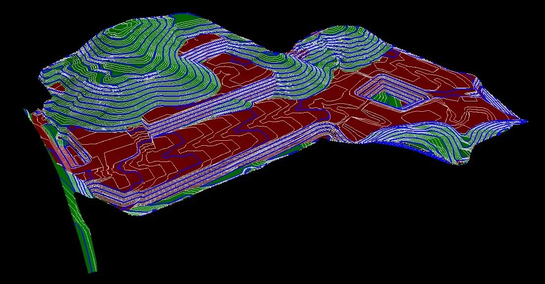 3D topographic map with contour lines in blue, green, and red, depicting elevation changes in a landscape.
