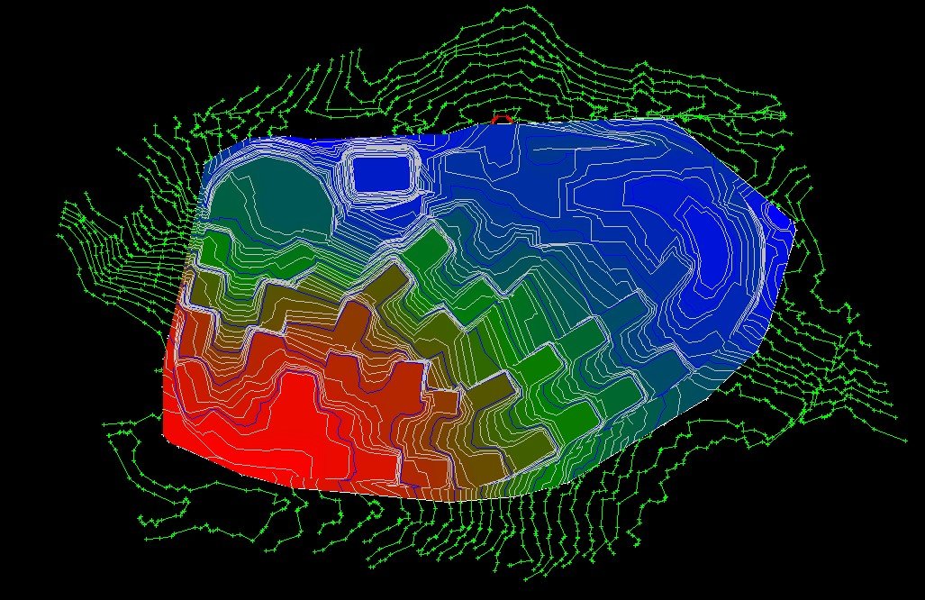 3D topographic map with contour lines in red, brown, green, blue, and purple, showing elevation changes surrounded by green dashed lines indicating terrain features.