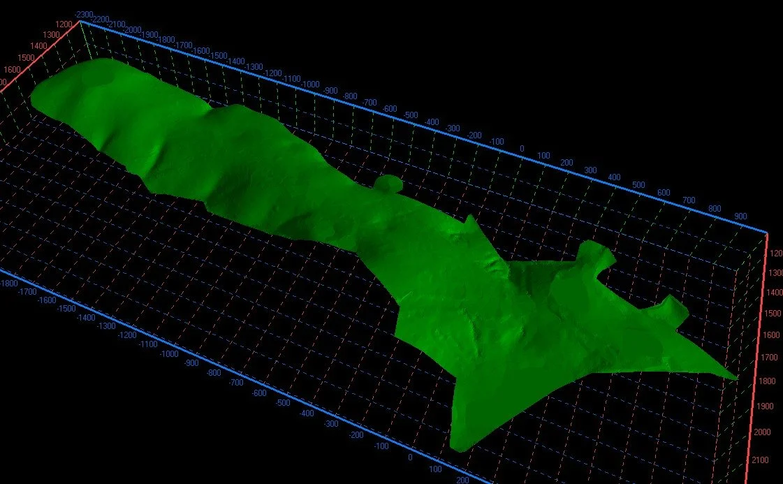 3D topographic map of a landmass, with elevation data represented by a green surface, on axes marked with x, y, and z coordinates.