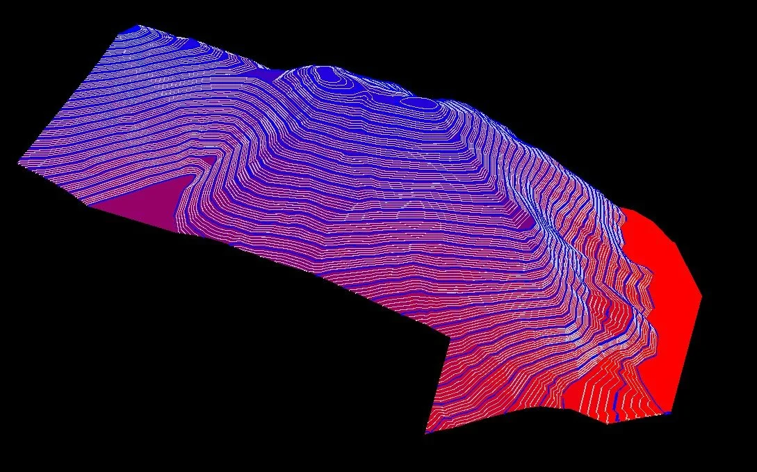3D topographic map with contour lines in shades of blue, purple, pink, and red, displayed against a black background.