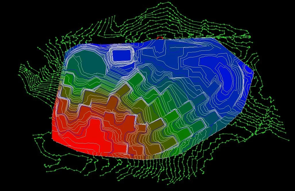 A 3D topographic map with contour lines and color gradations from blue to red, representing elevation levels, with green contour lines indicating surrounding terrain.
