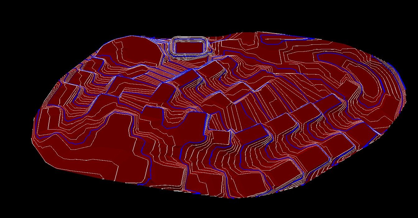 3D topographical map of a terrain with contour lines in red, white, and blue on a black background.