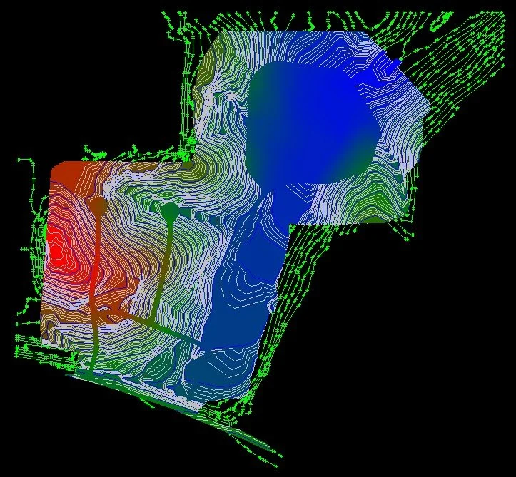 Color-coded topographic 3D map with contour lines, showing elevation differences and water bodies, surrounded by green terrain details.