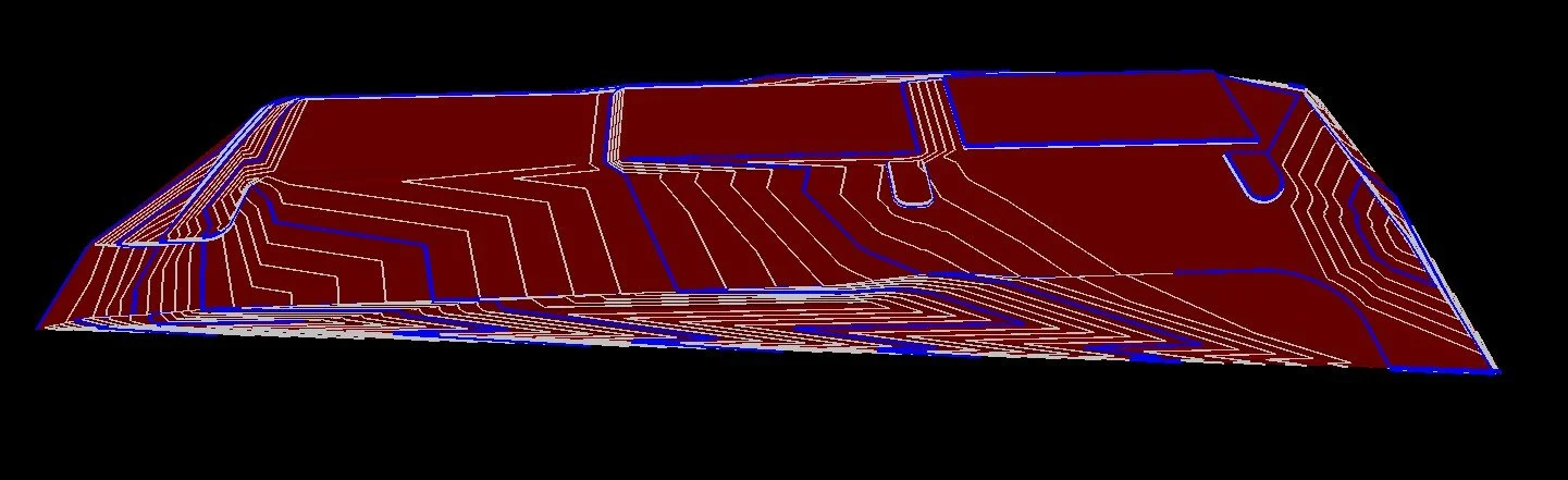 3D topographic map of an arched landscape with contour lines in white, red, and blue on a black background.