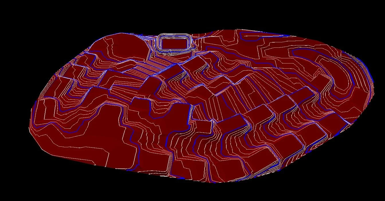 A 3D terrain model with topographic lines in red, white, and blue on a black background.