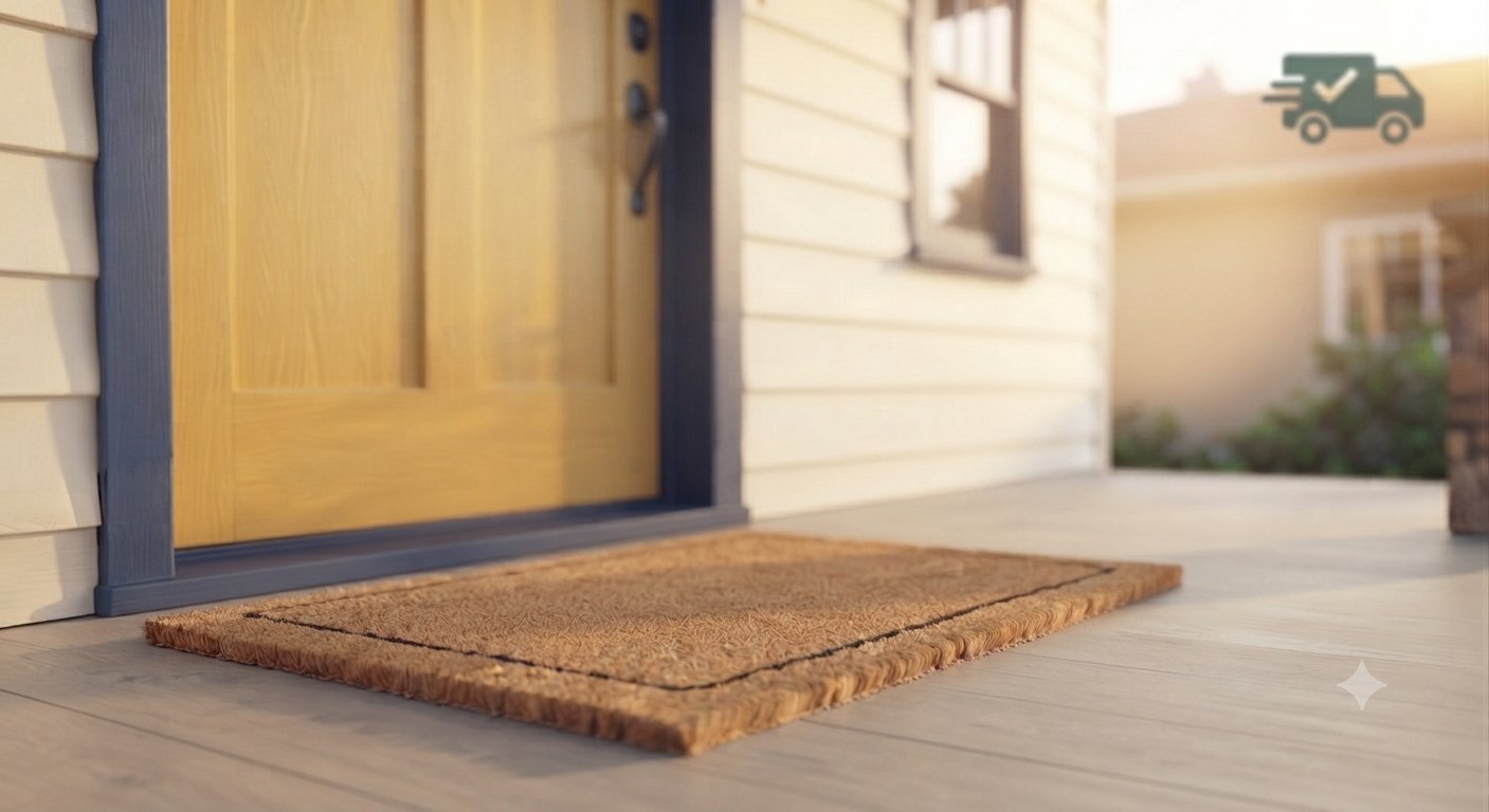 Front porch with a doormat in front of a wooden door, outside a house with white siding, sunlight, and a window.