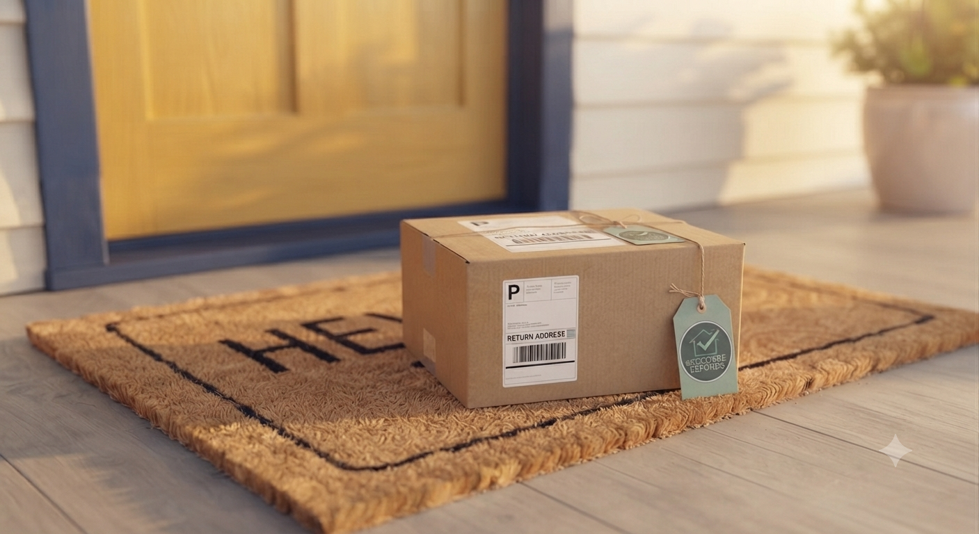 A cardboard box with shipping labels and a green seal tag sitting on a brown welcome mat outside a house door.