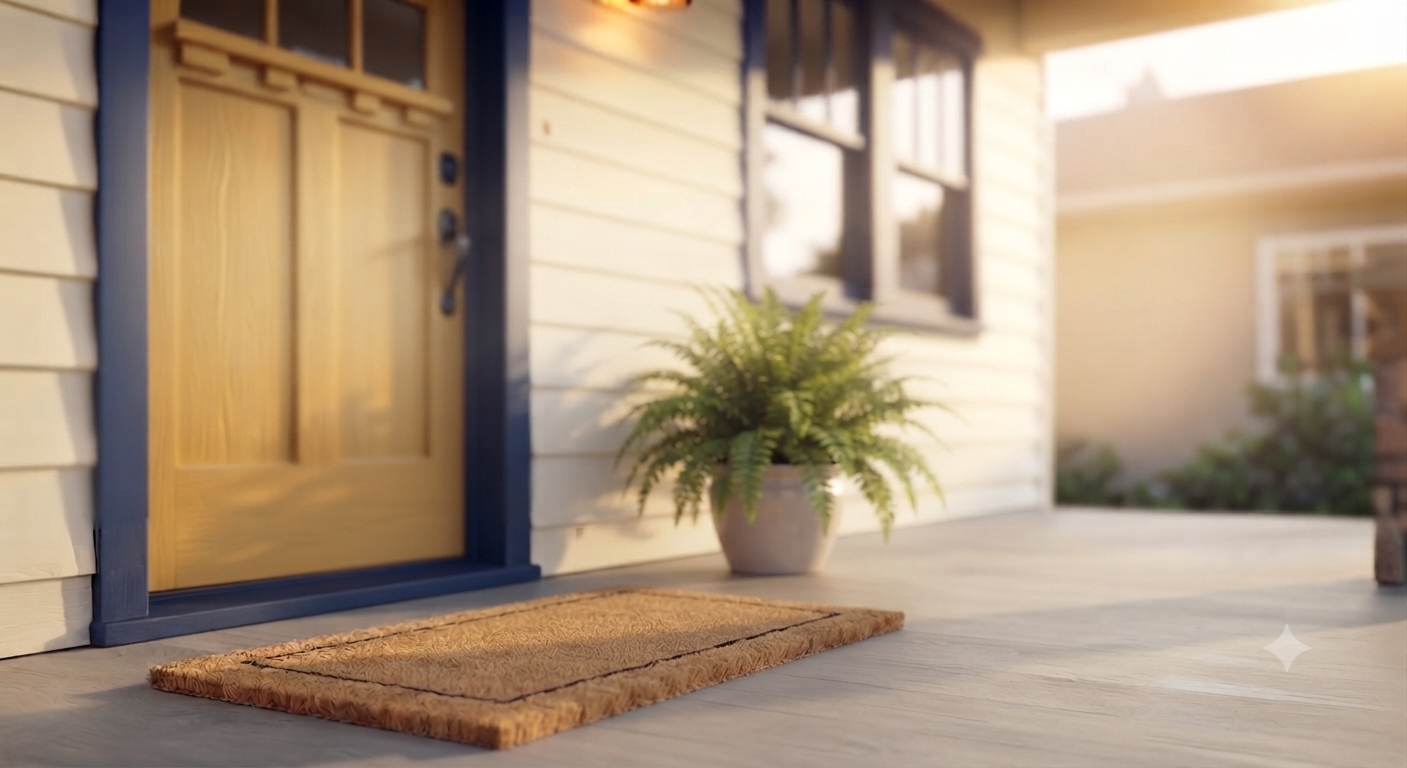 A front porch of a house with a wooden door, a potted fern plant, a doormat, and windows, bathed in warm sunlight.