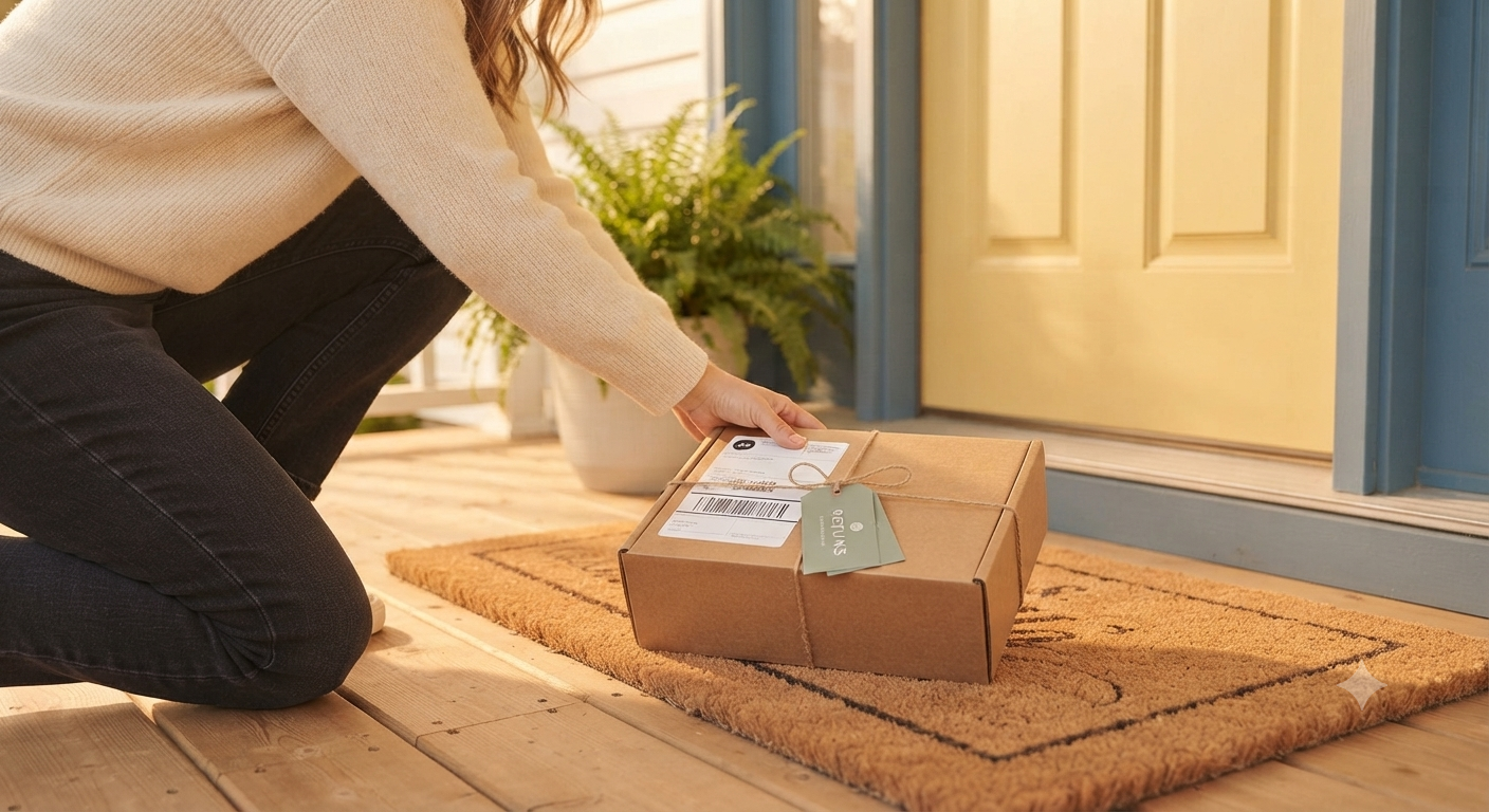 Person in beige sweater and black pants delivering a package to a house door, kneeling on a doormat.