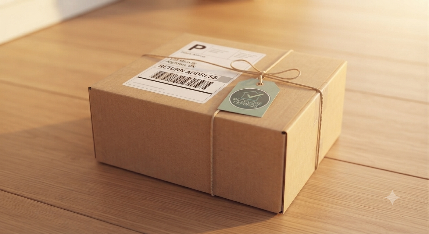 A small cardboard box with a shipping label and a tag, tied with a piece of string, placed on a wooden surface.