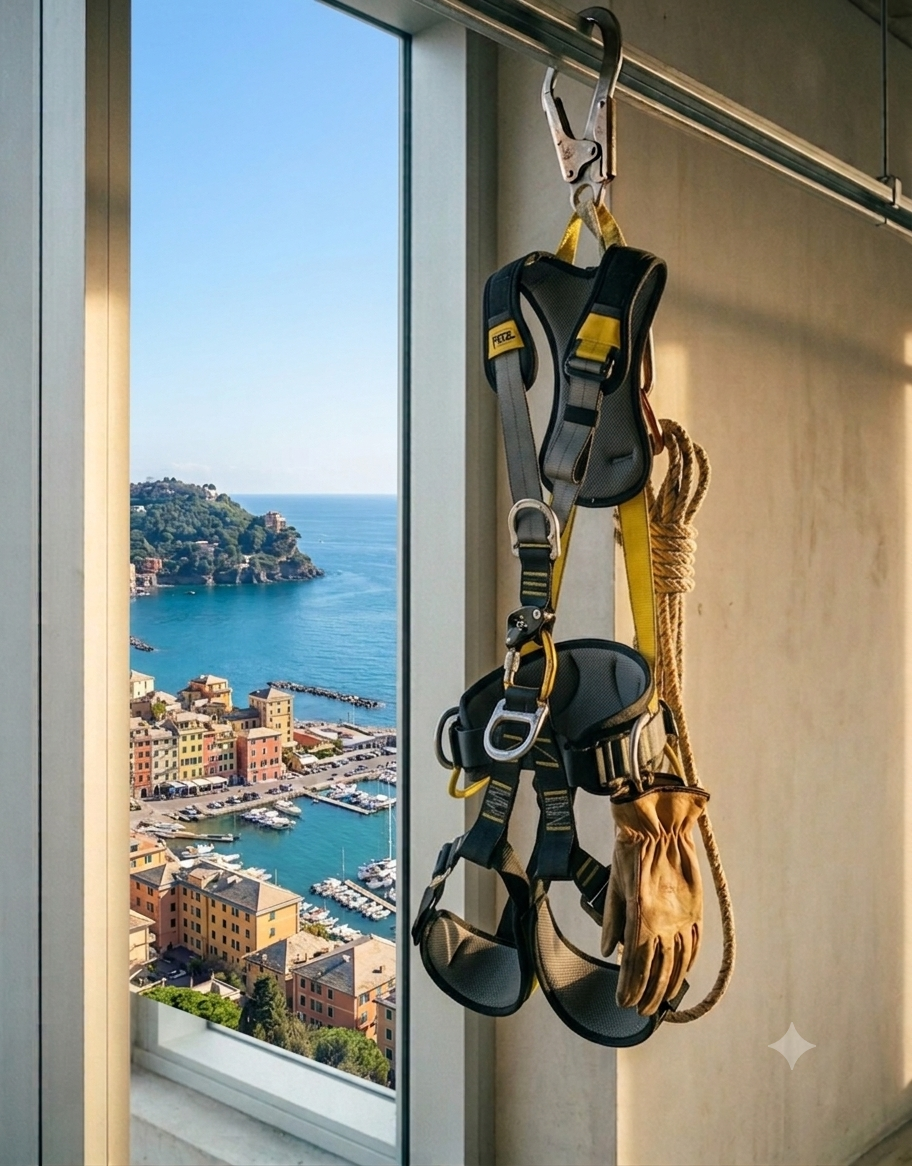 Imbracatura di sicurezza, guanti e corda appesi a un gancio, con vista sul porto di una città costiera dal finestrino di un edificio.