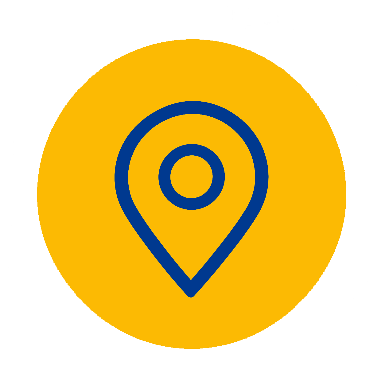 Yellow circular icon with a blue location pin symbol in the center.