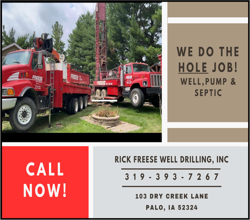 Advertisement for Rick Freese Well Drilling featuring a red and a white truck with drilling equipment and a man working nearby. The ad mentions services like well, pump, and septic, with contact information and an address in Palo, Iowa.