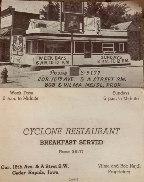 A vintage billboard and newspaper ad for Cyclone Restaurant in Cedar Rapids, Iowa. The billboard shows a man in front of the restaurant, advertising hours for weekdays and Sundays. The newspaper ad details breakfast hours, location, and proprietors V