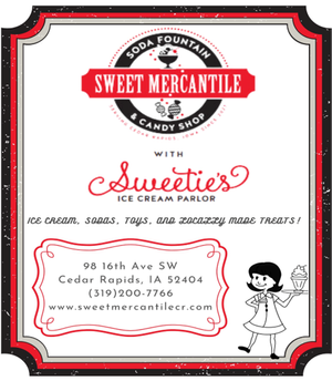 Business card for Sweet Mercantile, an ice cream shop called Sweetie's, located at 98 16th Ave SW, Cedar Rapids, IA 52404. The card features a girl holding an ice cream cone and has decorative black, red, and white border design.