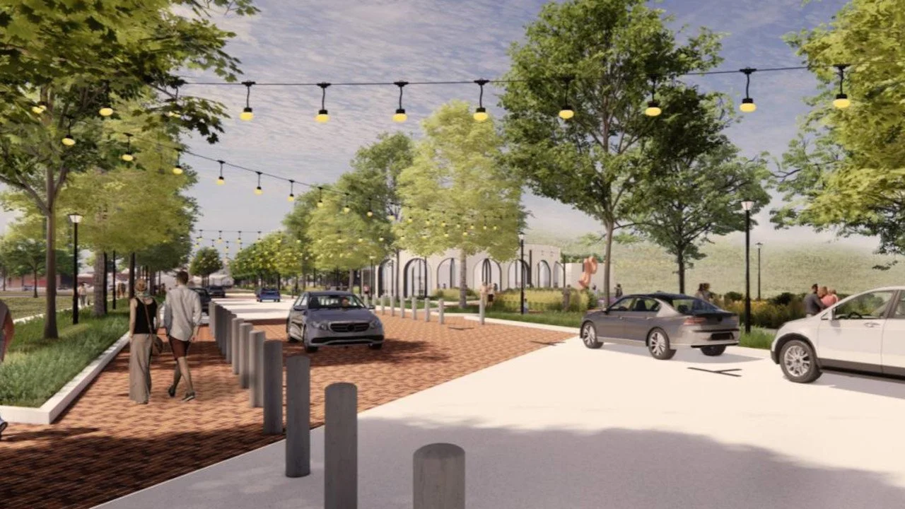 A digital rendering of a park or outdoor shopping area featuring trees, string lights overhead, walking paths, parked cars, and people walking and sitting.