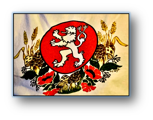 A coat of arms featuring a white lion with a crown and a vertical forked tail on a red shield, surrounded by wheat, flowers, and foliage.