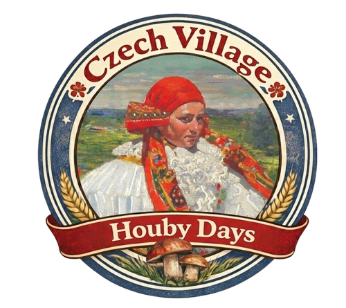 Logo for Czech Village Houby Days featuring a woman in traditional Czech attire, with a landscape background, surrounded by wheat and mushrooms.