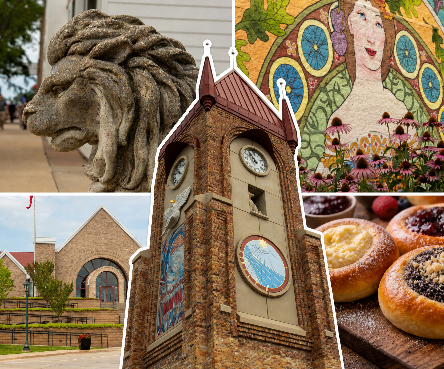 A collage of various scenes: a stone lion sculpture, a church building with a flagpole, a clock tower with decorative folk art, a colorful mural of a woman with flowers, a bunch of pink flowers, a plate of baked goods, and a display of pastries and jams.