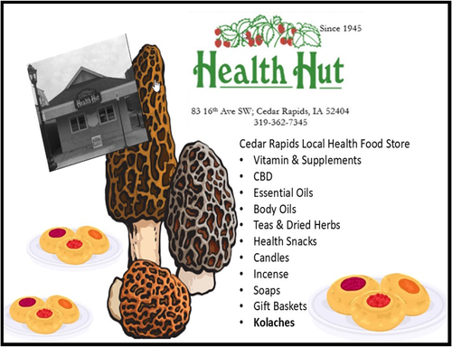 Advertisement for Health Hut, a health food store in Cedar Rapids, LA, featuring products like vitamins, CBD, essential oils, body oils, teas, dried herbs, snacks, candles, incense, soaps, gift baskets, and kolaches. The store is depicted with a stor