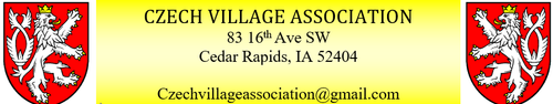 Business card for Czech Village Association, Cedar Rapids, IA, with coat of arms featuring a white lion on a red shield, contact email czechvillageassociation@gmail.com.